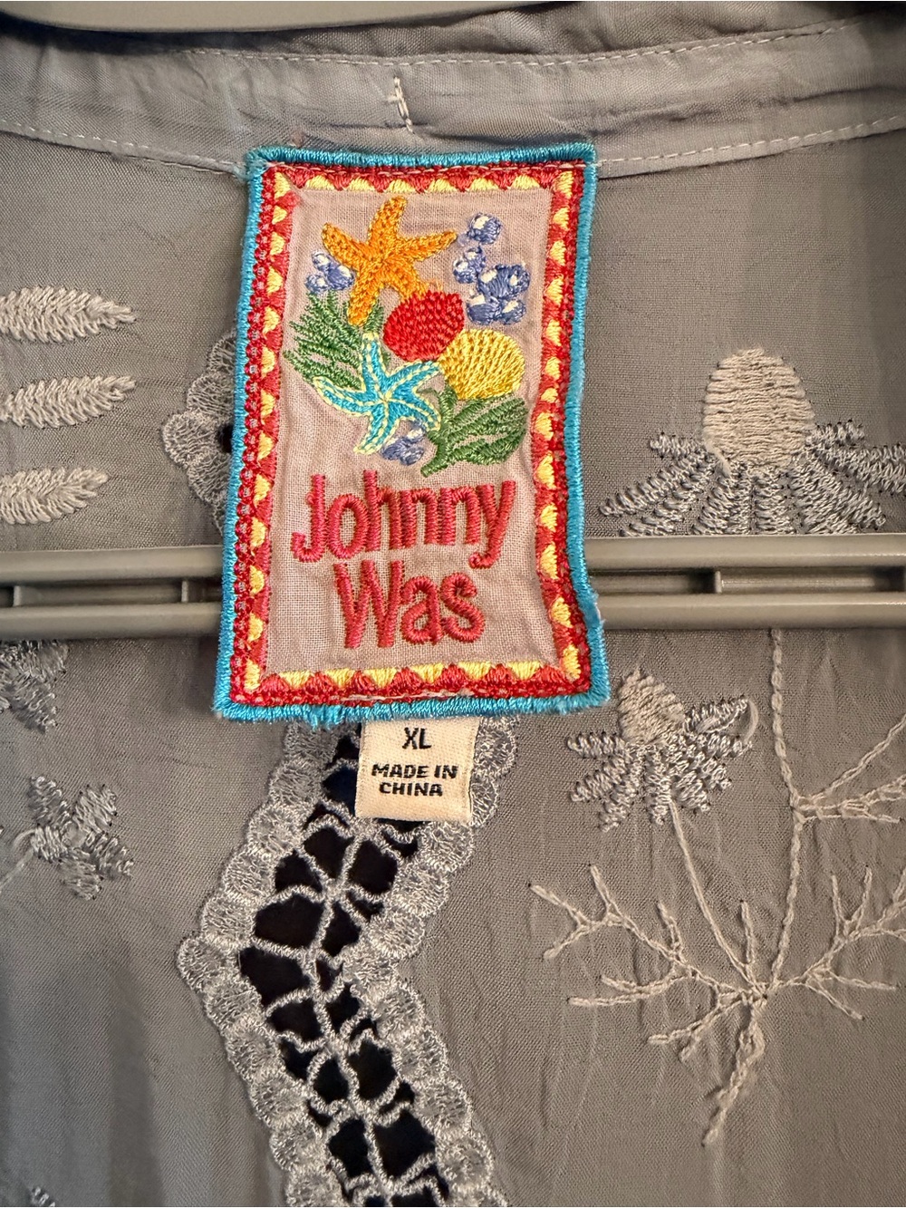 Johnny Was Pale Blue Lace-Trimmed Embroidered Blouse - Picture 2 of 6